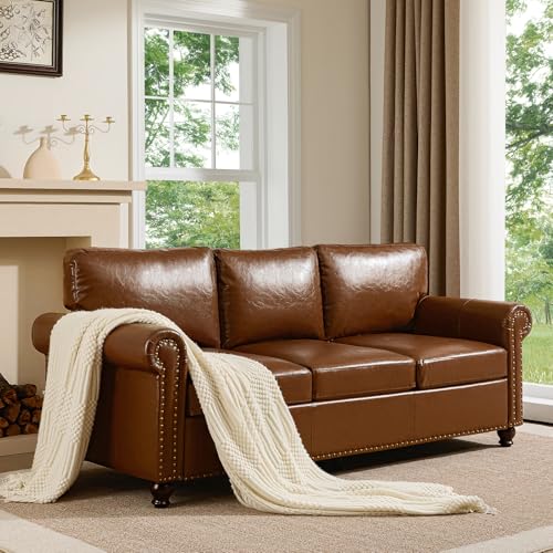 ParlorDream 79” Leather Sofa Couch with Storage, Mid Century Modern Rolled Arm Couches for Living Room Furniture, Nailhead Trim, Brown