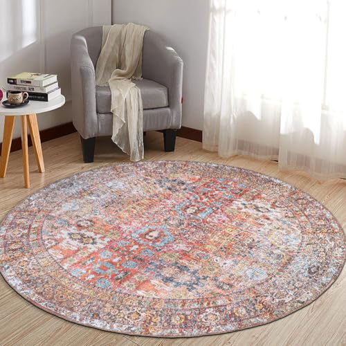 Rugshop Multi Transitional Distressed Round Area Rug — Machine Washable & Non‑Slip, 8' Round for Dining Room, Living Room and Entryway