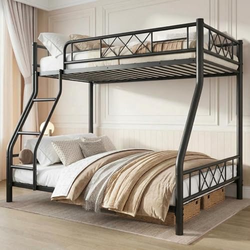 Garvee Metal Bunk Bed Twin Over Full, Heavy Duty Frame with Ladder & Guardrails, Sturdy Metal Slats, No Box Spring Needed, Space Saving for Dorm, Bedroom, Apartment, Matte Black Matte Black