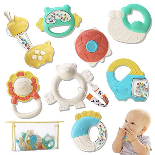 Image of Almond Island Baby Teething Toys for Babies 0-6 Months, Baby Rattles Toy for Infant Grasp and Shake, Newborn Gifts for Baby Boys and Girls Early Development, 8 Pieces Set with Storage Bag