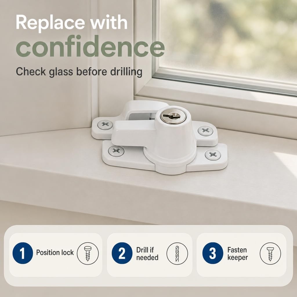 Prime-Line U 9928 Keyed Sash Lock Security Lock Only Unlocks with Key for Aluminum, Vinyl or Wood Double-Hung Windows 2" Hole Centers Heavy-Duty Zinc Diecast, White (Single Pack) | Security Lock Only Unlocks With Key, For Aluminum, Vinyl or Wood Double-Hung Windows, 2" Hole Centers