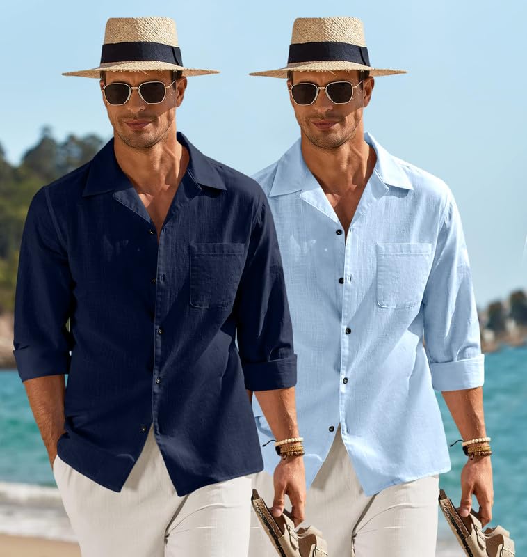 Image of Combo of Men's Casual Cotton Blend Shirt || Long Sleeve Button Down with Spread Collar | Lightweight Breathable Fabric | Stylish Solid Shirt for Beach, Office & Everyday Wear Pack of 2