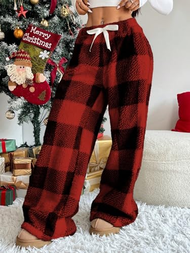 Image of ZAFUL Women's Fuzzy Plush Pajama Pants Wide Leg Pj Bottoms Lounge Pants