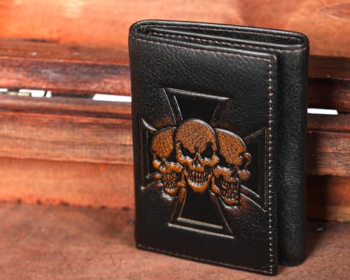 Image of DK86 Skull Trifold Wallets for Men Full Grain Leather with Hand Burnished Tri-Fold Wallet RFID Blocking (Black and Brown: Style B)