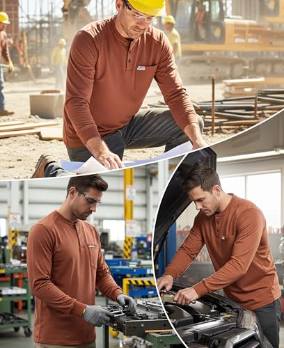 Image of BOCOMAL FR Shirts for Men Long Sleeve EX Soft Flame Resistant Henley CAT2 | NFPA2112 6oz Midweight Cotton Knit Heather Series,Moisture-Wicking /Breathable,Chest Pocket,Rib-Knit Cuffs,Summer Work T Shirt