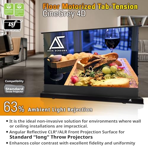 Image of Akia Screens 101 inch Floor Rising Projector Screen Motorized with Remote, ALR Projector Screen Ambient Light Rejecting Movie Screen for Standard Throw Projection Indoor, CineGrey 4D AK-FMT101UH2-C4D