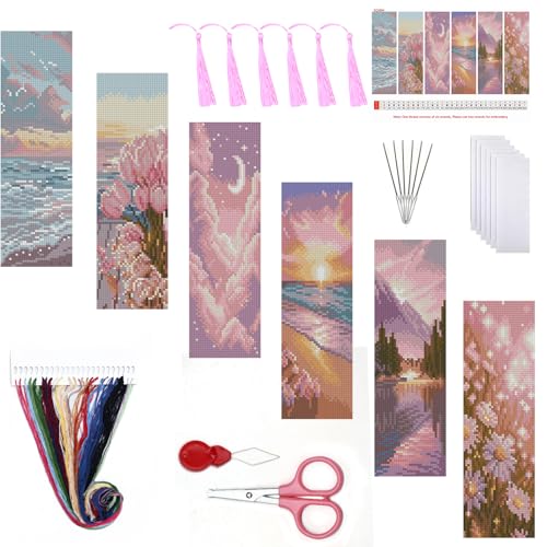 6PC Pink Beach Stamping Cross Stitch Kit for Adult Beginners Scenery Counting Cross Stitch Kit Bookmarks Stamped Bookmark Embroidery Kit with Instructions Full Line DIY CrossStitch Patterns 8x2.4