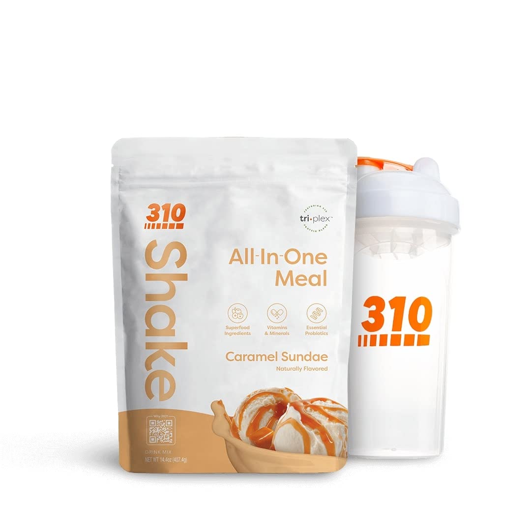 310 Nutrition – All-In-One Meal Replacement Shake with Shaker Cup – New Formula with Fiber Rich Vegan Superfood Blend – Natural Sweeteners – Low Carb Shake, Keto & Paleo Friendly – Gluten Free – 26 Essential Vitamins & Minerals -Caramel Sunday – 14 Servings