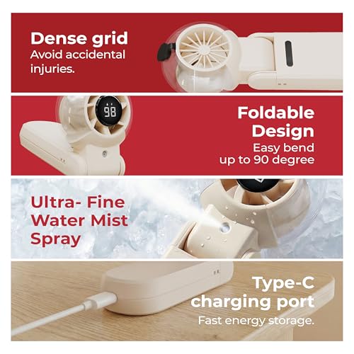 Image of Lifelong Foldable Mist Hand Fan with Digital Display | 5 Speed Portable Handheld Fan with Dual Mist Modes | Type-C Charging, 4000mAh Battery, 6W BLDC Motor | 90 Foldable Hand-Free Table Fan (Beige)