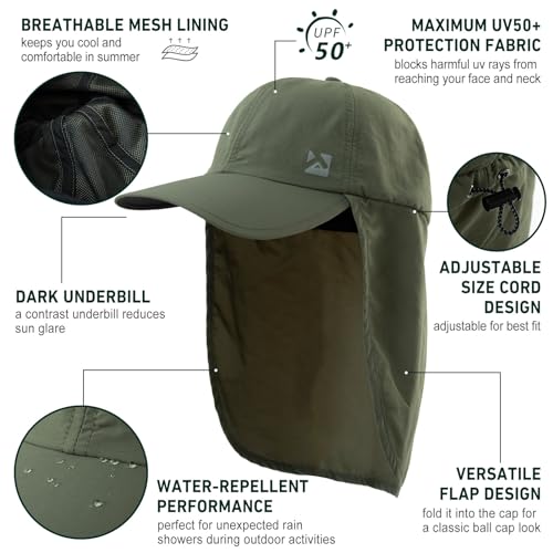 Image of TOP-EX L /XL /XXL UV50+ Waterproof Neck Flap Baseball Sun Cap | Large-head fit; UPF 50+ ear and neck coverage; waterproof shell; adjustable drawcord for fishing, hiking and outdoor work