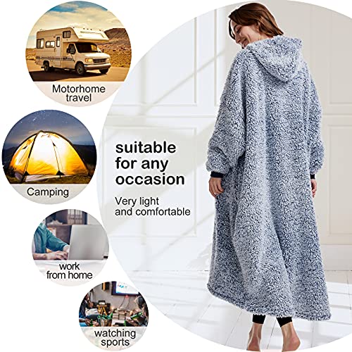 Oversized Teddy Fleece Hoodie Blanket for Women Cuddly Sherpa Wearable Snuggle Blanket Hoody for Adults Kids Men Teenager Super Warm and Soft,Blue Length - Image 3