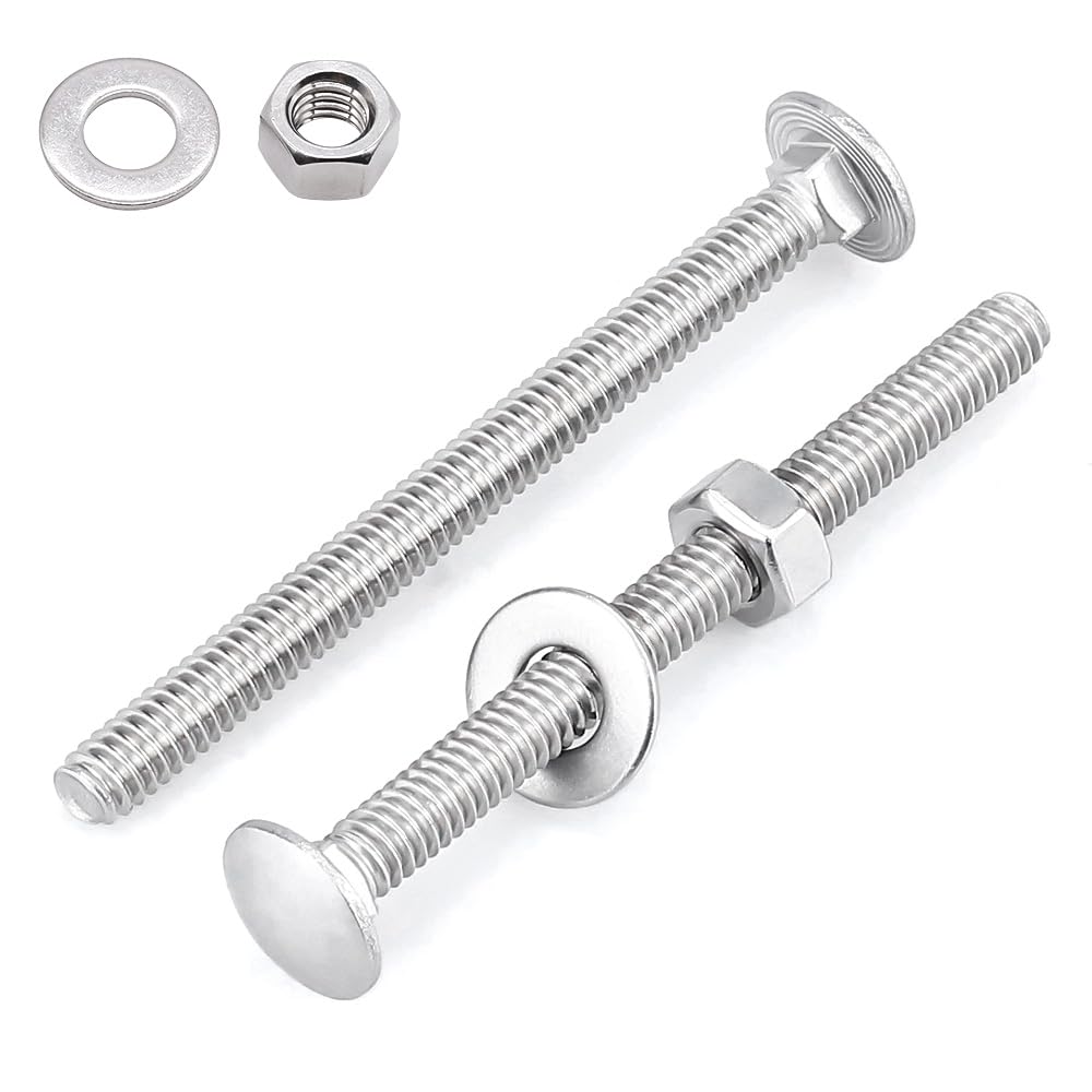 3/8-16 x 5-1/2 Inch Carriage Bolt Kit, 304 Stainless Steel (18-8) with Hex Nuts & Flat Washers - 10 Sets, Round Head Square Neck, Full Thread Coverage