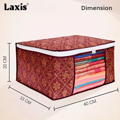 Image of LAXIS Saree Organiser for Wardrobe, Foldable Royal Print Saree Covers for Storage Set with Clear Window & Zipper, (Golden-Mahroon, Pack of 3)