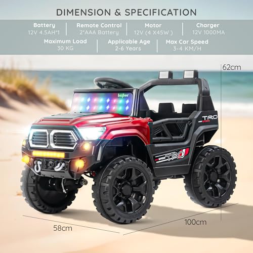 Image of Baybee Trojan Battery Operated Jeep for Kids with RGB Windshield Light, Bluetooth, USB & Music | Baby Big Ride on Battery Car | Electric Jeep Car for Kids to Drive for 2 to 6 Years Boys Girls (Red)