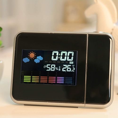 Miniatura 5 de Reloj despertador de proyección, USB digital LED despertador pronóstico del tiempocalendariohumedad Proyector giratorio de 180  para el hogar (negro)
