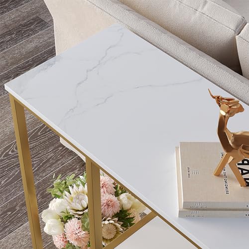 Image of WOHOMO 31.5 inch Narrow Console Table with 3-Tier Storage, Industrial Sofa Table for Entryway, Living Room & Hallway - Gold Marble Faux Top, Sturdy Metal Frame