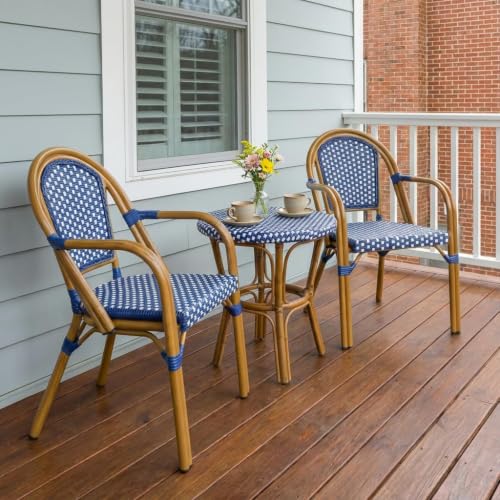 Image of PURPLE LEAF Outdoor French Bistro Armchairs Set of 2, Bamboo Finish, Blue