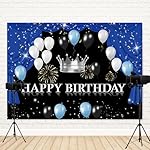 7x5ft Happy Birthday Backdrop Black White Balloon Theme Photography Background Glitter Blue Curtain Crown Fireworks Boys Kids Birthdays Party Banner Decorations Men Parties Photo Booth Prop - Image 4
