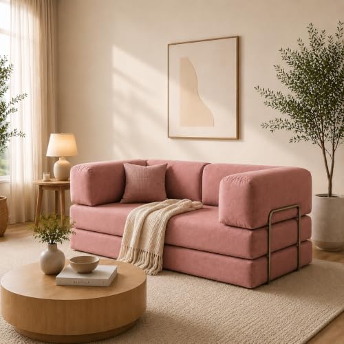 Image of 3 Seater Sofa Cum Bed with Soft Foam & Premium Velvet Fabric | Foldable Convertible Sofa Bed | Sturdy Metal Frame | Comfortable Cushions | Pre-Assembled | Rose Pink
