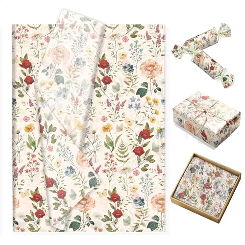 100枚 赤い花柄の包装紙、薄葉紙花柄のギフト用キャンディ包装用ティッシュペーパー、手作りのアートウェディング・バースデー・ベビーシャワー用ギフト用紙 13.8 x 19.7インチ