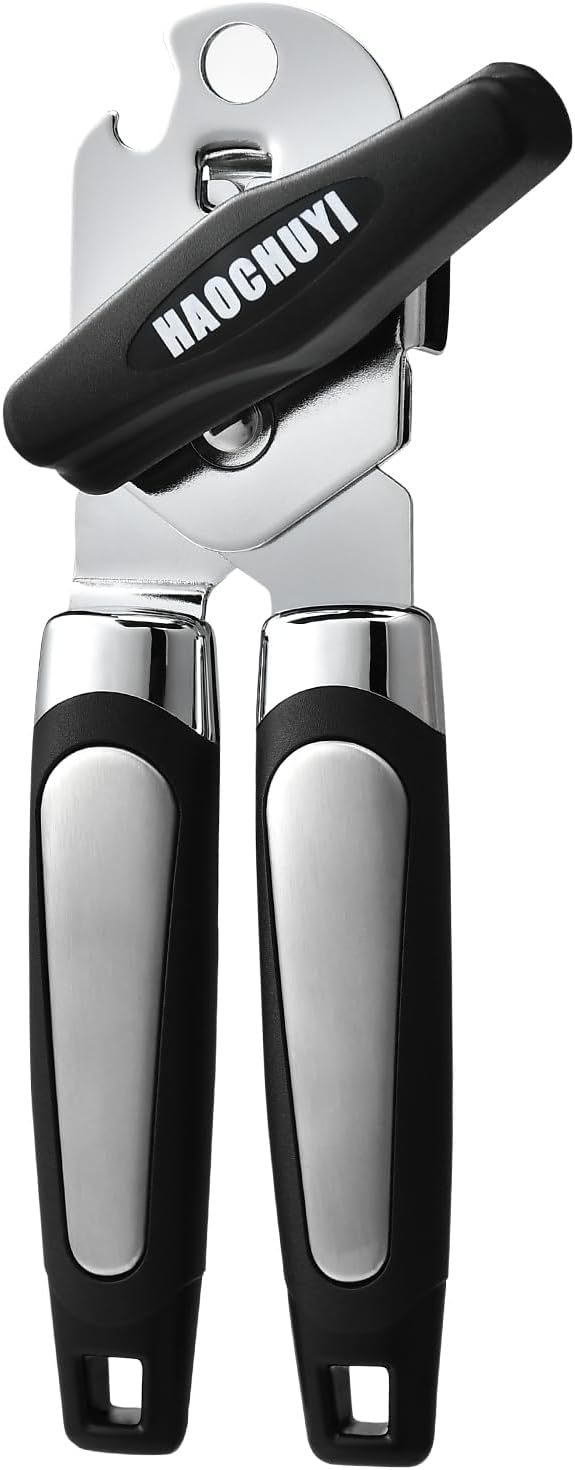 Heavy Duty Stainless Steel Smooth Edge Manual Can Opener and Bottle Openers, Soft Ergonomic Handle, Oversized Handheld Easy Turn Knob, Multifunctional Kitchen Tool, Black