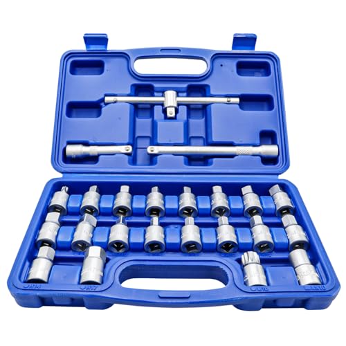 DAKCOS 23 pièces Clé vidange Cle carre pour bouchon de vidange d'huile avec rallonge de douilles 3/8