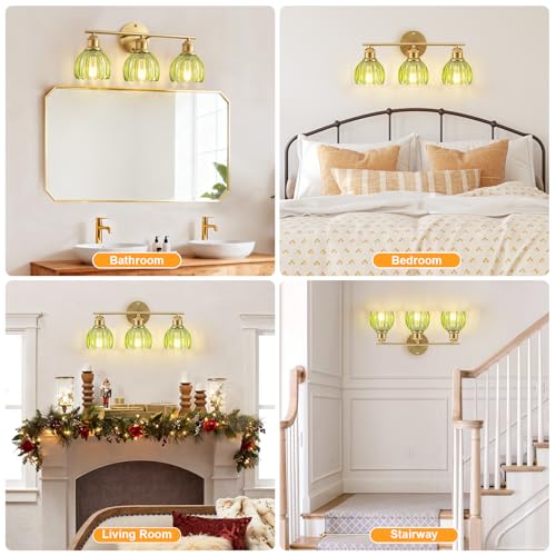 Image of Bathroom Light Fixtures, 3-Light Brushed Gold Vanity Lights for Bathroom with Green Tulip Glass Shade, 20 inch Vintage Bathroom Vanity Lighting Fixtures Over Mirror for Bedroom Living Room Hallway