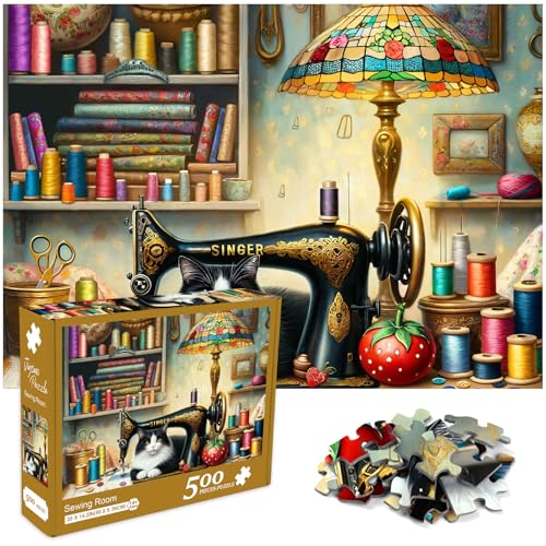 crowm - crowm 500 Piece Puzzle for Adults and Families, Vintage Sewing Machine Jigsaw Puzzle Challenging Cat Animal Jigsaw Puzzles Sewing Studio Game Great Gift Room Decor