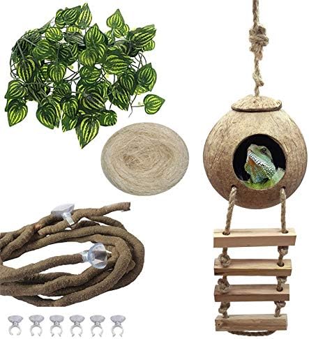 PINVNBY 冠状壁虎可可小屋带梯子天然蜥蜴椰子壳藏身处家庭迷你公寓适用于爬行动物耐用洞穴栖息地带挂环椰子质地为宠物提供食物