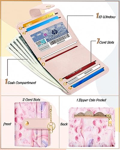 Image of Bistup Small Card Wallet for Women with Keychain, Pink Agate | Clear ID Window, Compact Design for Daily Carry, Durable Material, Sturdy Keychain, Aesthetic