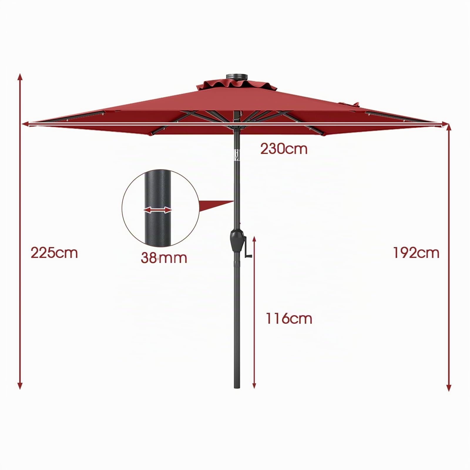 RELAX4LIFE Parasol Inclinable LED 230cm, Parasol de Jardin Extérieur LED, 6 Baleines Robustes, Mât en Métal, Manivelle, Inclinaison à 35°, Protection Solaire pour Balcon Terrasse (Bordeaux)