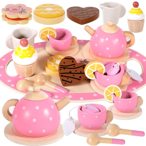 ZHHGOO Teeservice Kinder,Tee Set Holzspielzeug,Teeservice mit Dessert,Tea...