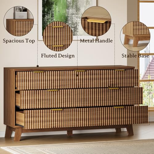 Image of BORNOON Fluted 7 Drawer Dresser, 47.2 inch Wide Modern Boho Chest of Drawers, Wooden Storage Dresser TV Stand for Bedroom, Living Room, Closet, Hallway, Curved Profile Design