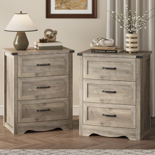 Image of Xixini Nightstand Set of 2 with 3 Storage Drawers, Tall Side Table, Grey