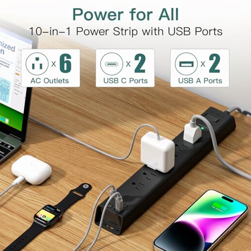Image of 15Ft Power Strip Surge Protector with 6 Outlets and 4 USB Ports (2 USB-C)