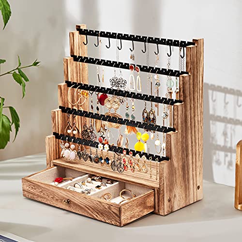 Pinzoveco Earring Organizer, 5 Layer Earring Holder Organizer with Necklace Holder Pole, Rustic Wood Jewelry Organizer Stand Display for Stud Earring Bracelet Necklace Ring, 175 Earring Holes2