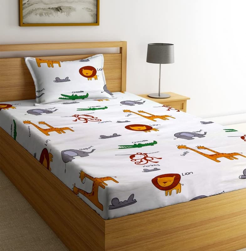 NHD HOME Super Soft Breathable Skin Friendly 180 Tc Animal Design Printed for Kids Room Single Bedsheet with 1 Pillow Cover-(Color- White Lion Elephant Printed, 152 x 228 cm) (B0BZMFS6K1) Amazon Price History, Amazon Price Tracker