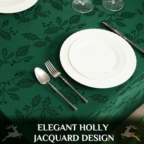 Softalker Christmas Jacquard Tablecloth - Waterproof Winter Vintage Damask Rectangle Table Cloth, Xmas Holly Polyester Fabric Table Cover Decor for Holiday, Dining, Party - Green 60 x 84 Inch – Image 5