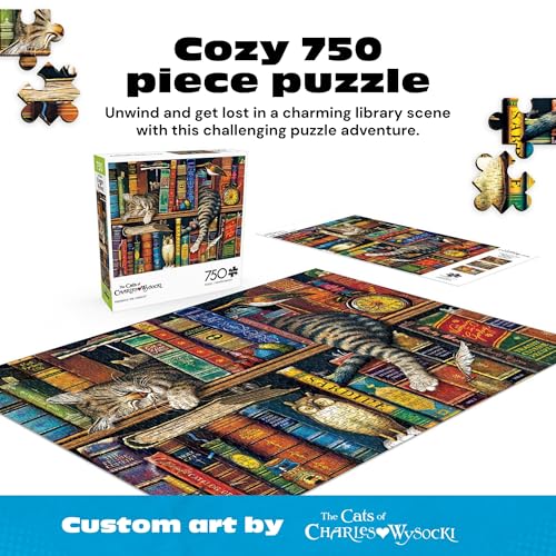 Rompecabezas de 750 piezas Buffalo Games - Frederick el Lector, escena de biblioteca con gato, piezas precisas, ajuste perfecto, cartón grueso, para adultos miniatura 3