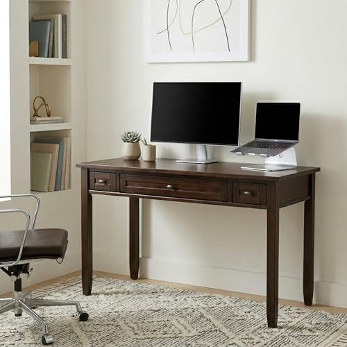 Image of SIMPLIHOME Warm Shaker 48 inch Wide Solid Wood Writing Desk in Distressed Grey | Transitional desk with a keyboard tray and 2 drawers; writing desk, computer desk or home office desk for living room.