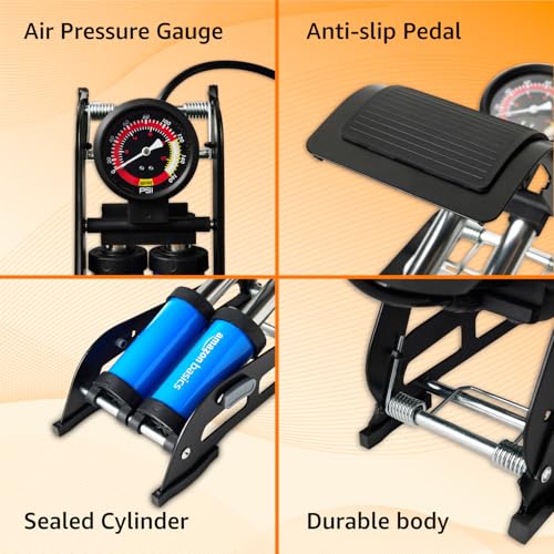 Image of Amazon Basics Foot Operated Tyre Inflator|160 PSI Double Cylinder Portable Foot Air Pump|Rapid Inflation|Hands-Free|Pumping for Car, Bike, Cycle, Balls, Mattresses & More, Black and Blue