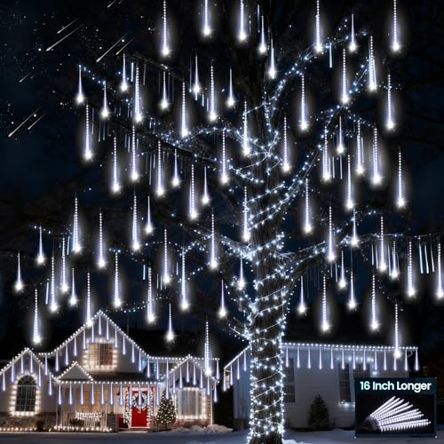 Aluan Christmas Lights Outdoor Meteor Shower Lights White 16 Inch 10 Tubes 360 LED Falling Rain Light Waterproof Snowfall Dripping Icicle Light for Xmas Tree Holiday Decoration Yard Porch Patio