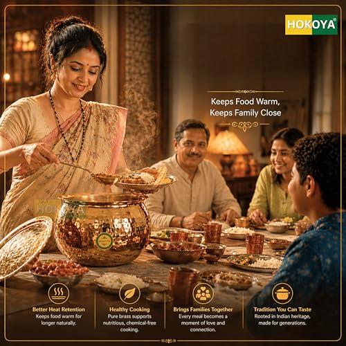 Image of HOKOYA Brass Handi with Lid | Heavy Hammered Pital Cooking Pot for Biryani, Dal, Rice | Indian Kitchen Utensil & Gifting (10 LTR)