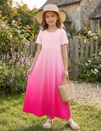 Image of Arshiner Girls Maxi Dress Long /Short Sleeve Casual Holiday Dress with Pockets for 5-13 Years