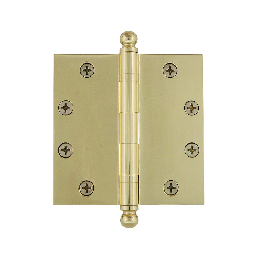 Nostalgic Polished Brass 728378 Ball Tip Heavy Duty Hinge With Square Corners, 4.5"