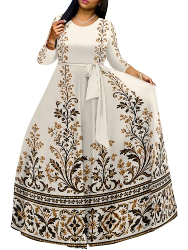 Image of Women Plus Size Long Sleeve V Neck Maxi Dress with Belt | Soft fabric relaxed fit three quarter sleeve v neck with pockets for party and daily wear