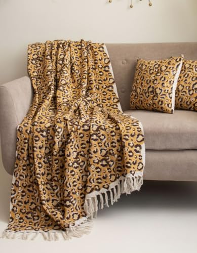 Image of Cotton Sofa Throw Blanket with 2 pcs Cushion Covers Lightweight Decorative Couch & Bed Bagru Print Throws (Pack of 3, Leopard Print)
