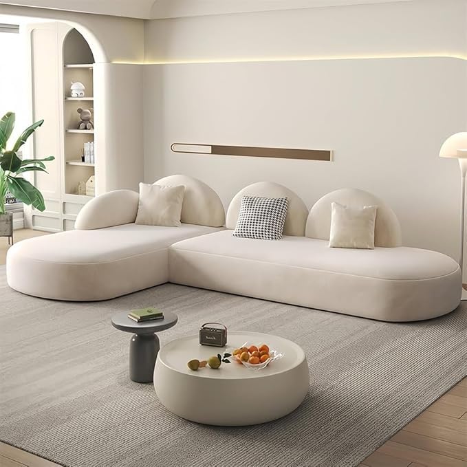Modern L-Shaped Sectional Sofa, Curved Design with Decorative Pillows, Cream White-image-18