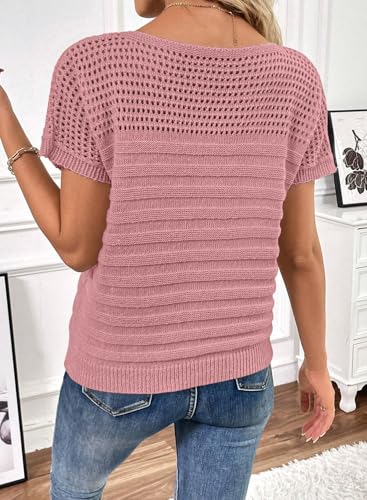 Image of SHEWIN Womens Sweaters Crew Neck Short Sleeve Shirts Summer Tops Knit Hollow Out T Shirts Sweater Blouses