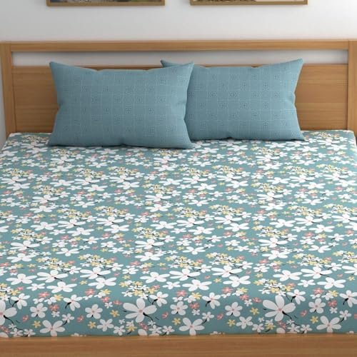 Image of LOOMLYFE 300 TC Microfiber XXL Soft Cotton Super King Size Bedsheet for Double Bed, King Size 108 Inches X 108 Inches, 9 Feet, 275 X 275 cm with 2 Large Size Pillow Covers - SkyBlueFlowers